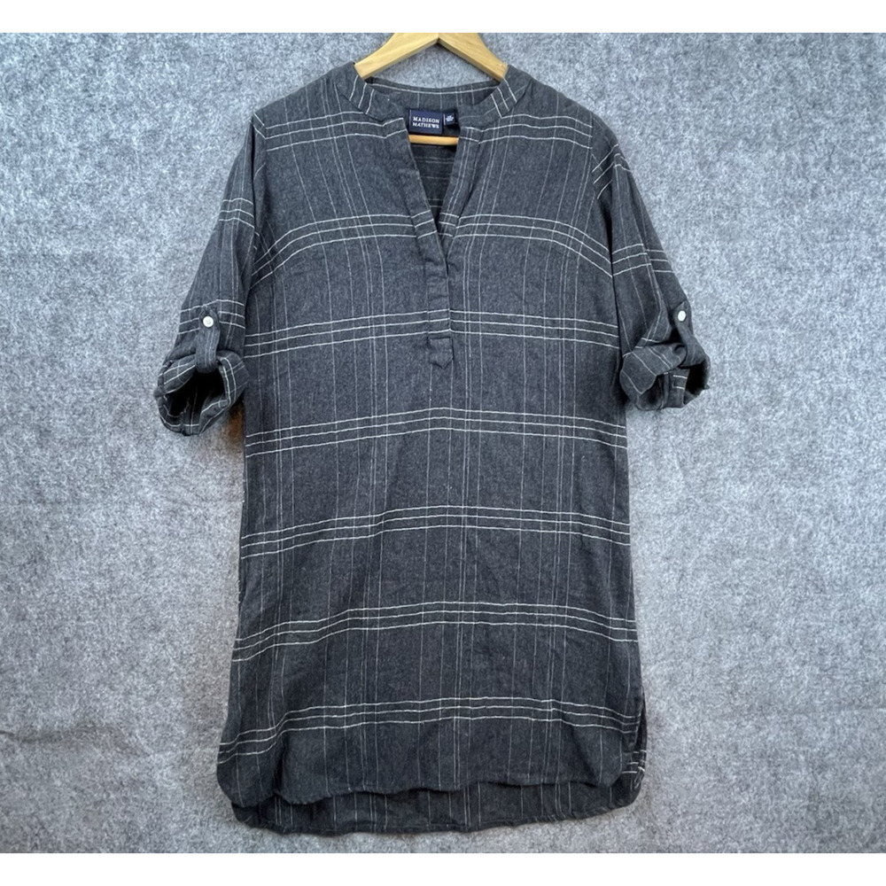 Madison Mathews Dress Extra Small Grey Plaid Casual Heritage Minimalist Classic